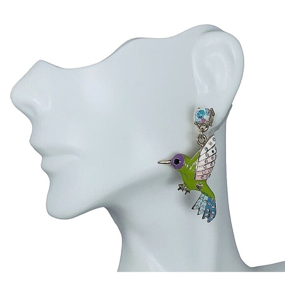 Betsey Johnson Hummingbird Dangle Earrings 2" Crystal Green Spring Ahead - Picture 3 of 11